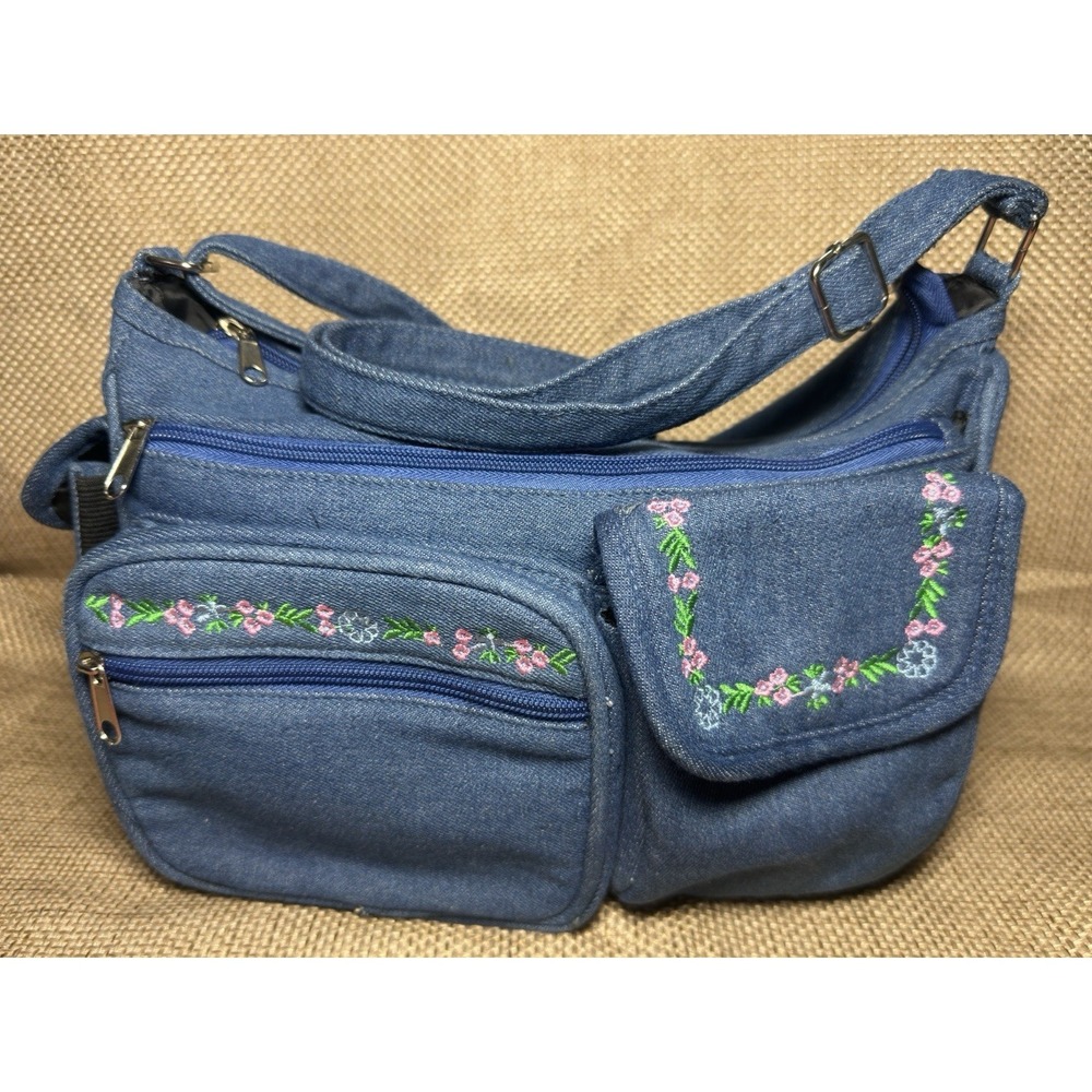 Vtg Denim Y2K Crossbody Embroidered Flowers Cargo Pockets Boho Jean Purse 90s